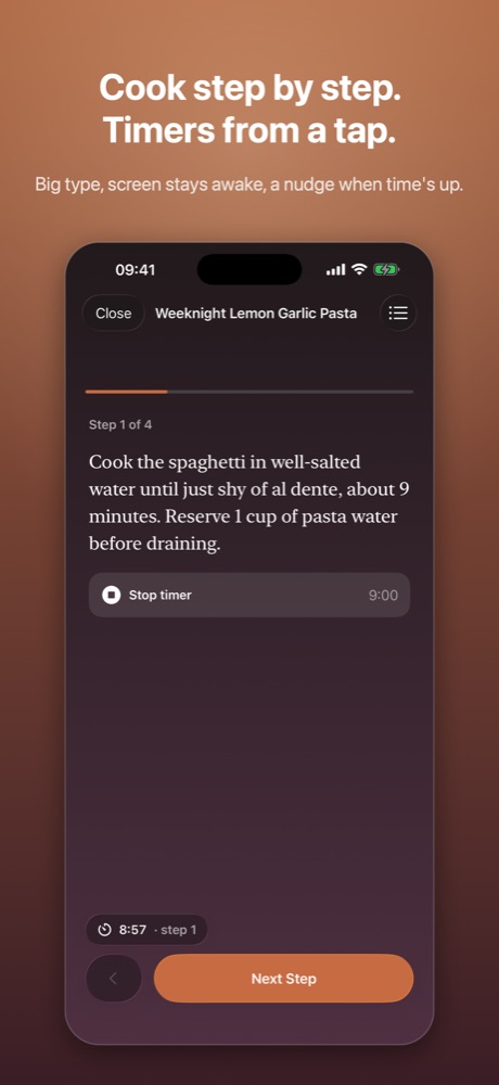 Cook mode: one step per screen with a timer