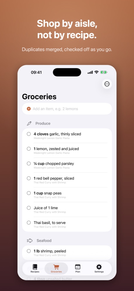 A grocery list sorted by aisle