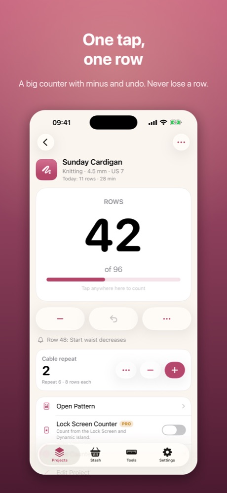 Skeinwise on iPhone: a big row counter for a knitting project